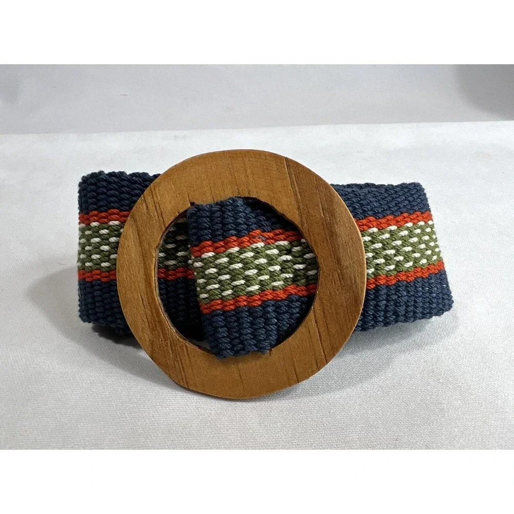 Vintage Wide Canvas Belt Women's Petite Woven Blue Green Red Wooden Buckle‎
